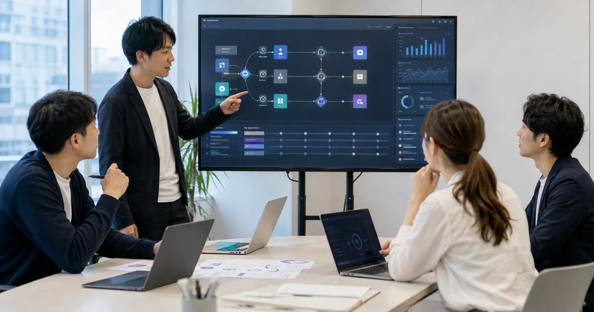 AIエージェントのワークフローと監視画面を確認する開発チーム