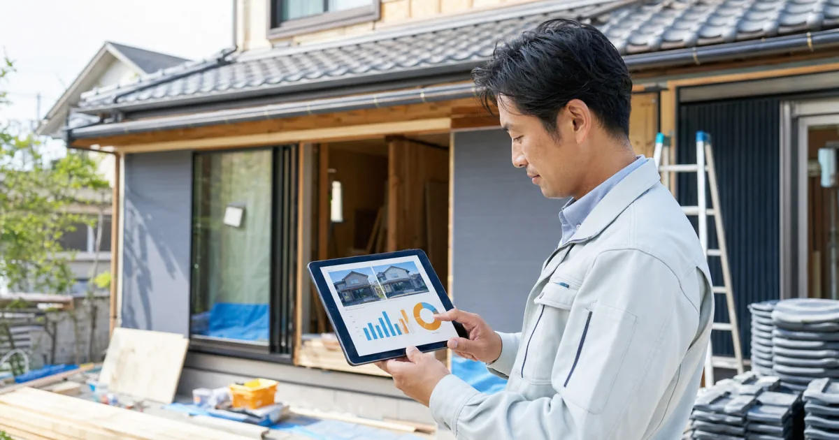 住宅改修の現場で施工写真とグラフをタブレットで確認する担当者