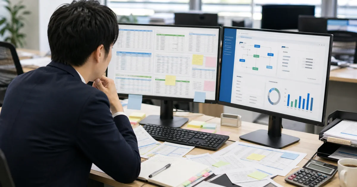 複数の表計算ファイルと整理された業務システムを比較する担当者