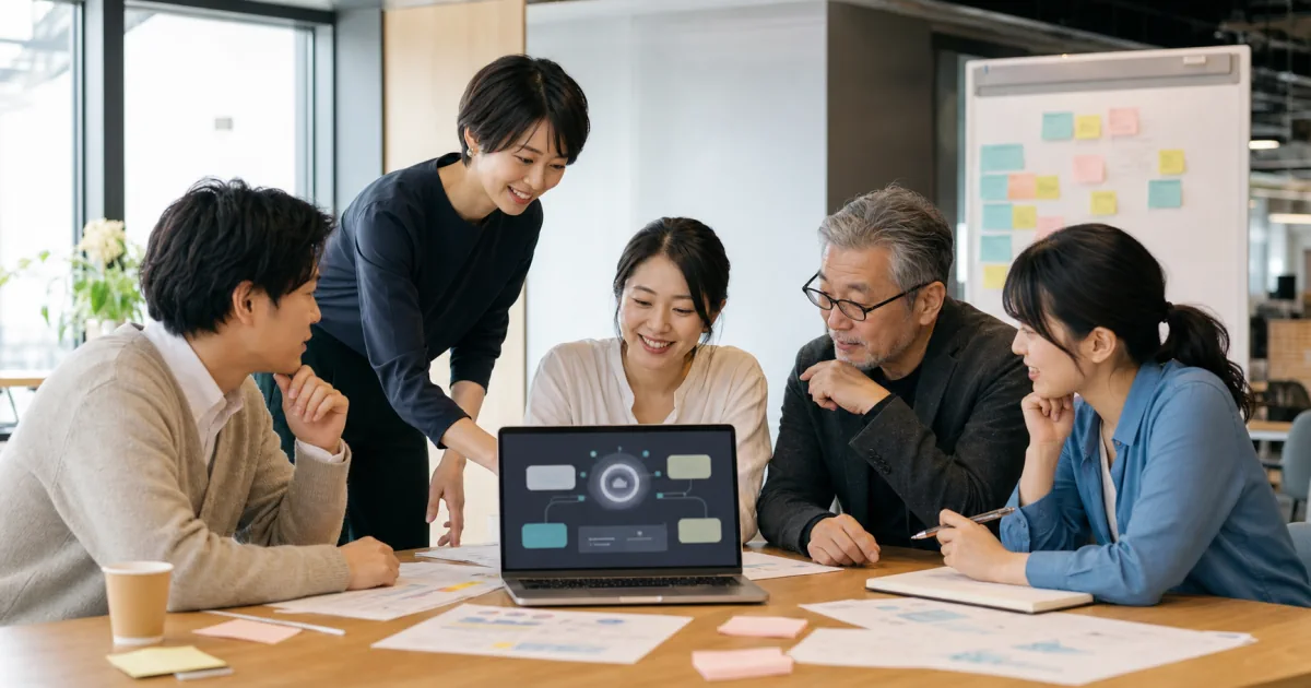 生成AIの社内研修で実務への活用方法を話し合うチーム