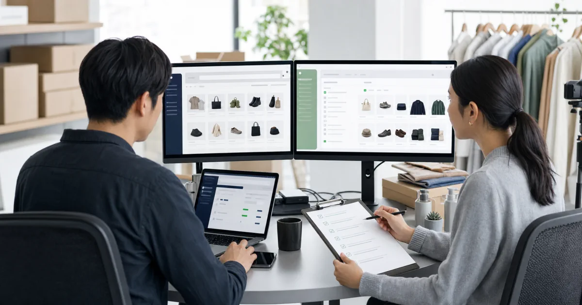 新旧ECの商品データと移行チェックリストを確認する担当者
