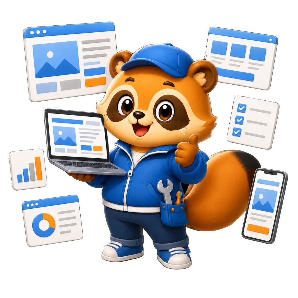 おまかせホームページの案内キャラクターがノートパソコンを持っているイラスト